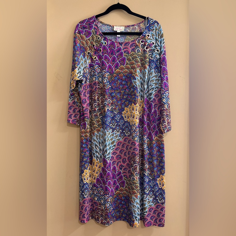 Women's Long Sleeve Printed Scoop Neck Dress in Purple & Blue